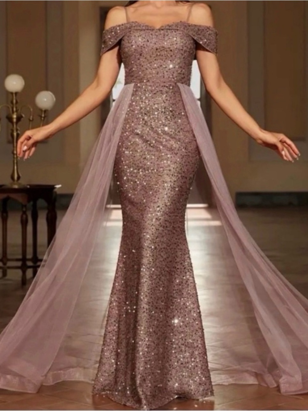 Off-Shoulder Sequin Evening Gown in Dusty Rose